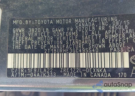 2016 Toyota Corolla Le Premium из США, поврежденный, VIN 2T1BURHE3GC495540